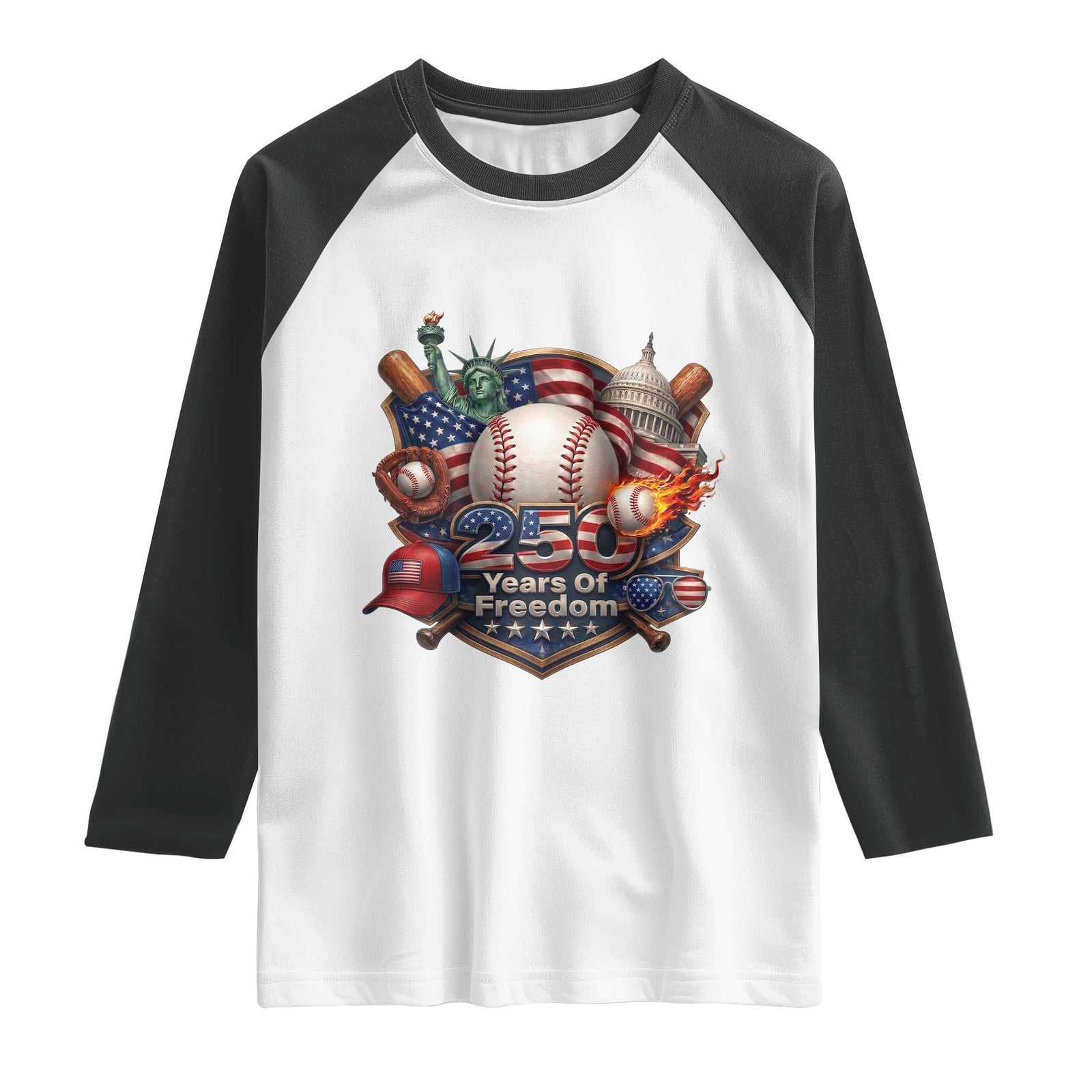 USA 250 Years Of Freedom Baseball Graphic Raglan Shirt TS12 White Black Print Your Wear