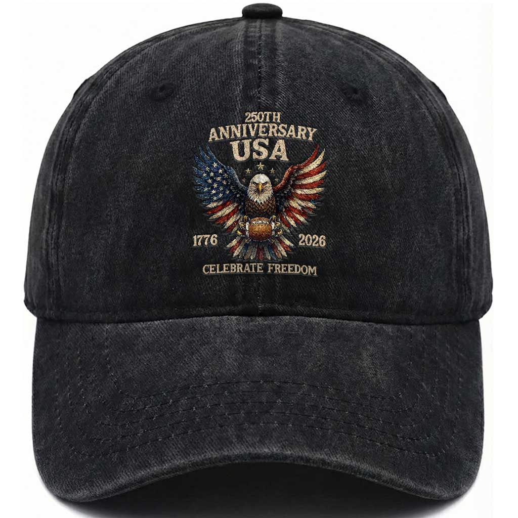 Patriotic Bald Eagle Football Washed Cotton Baseball Cap USA 250th Anniversary Gift TS12 Print Your Wear
