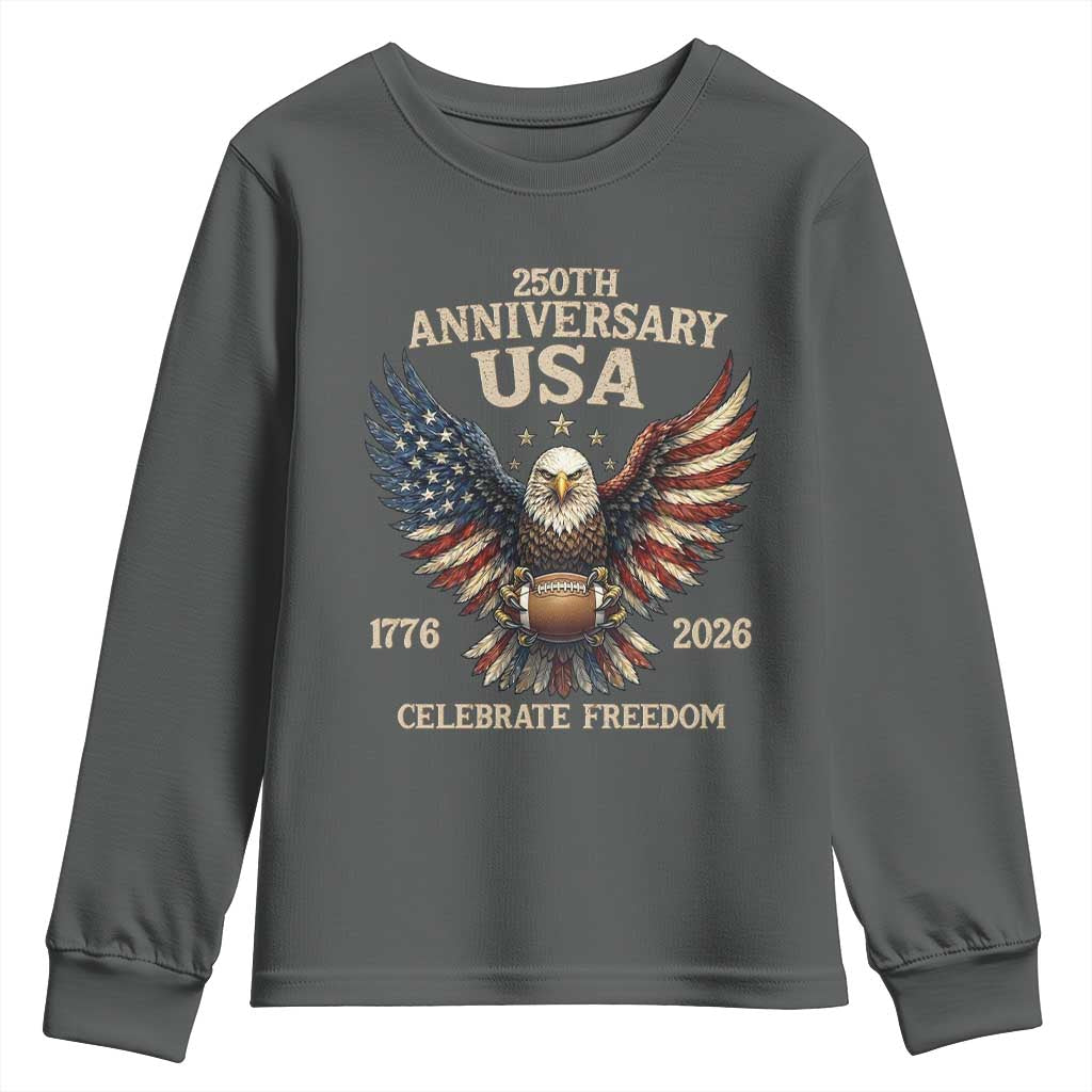 Patriotic Bald Eagle Football Youth Sweatshirt USA 250th Anniversary Gift TS12 Dark Heather Print Your Wear