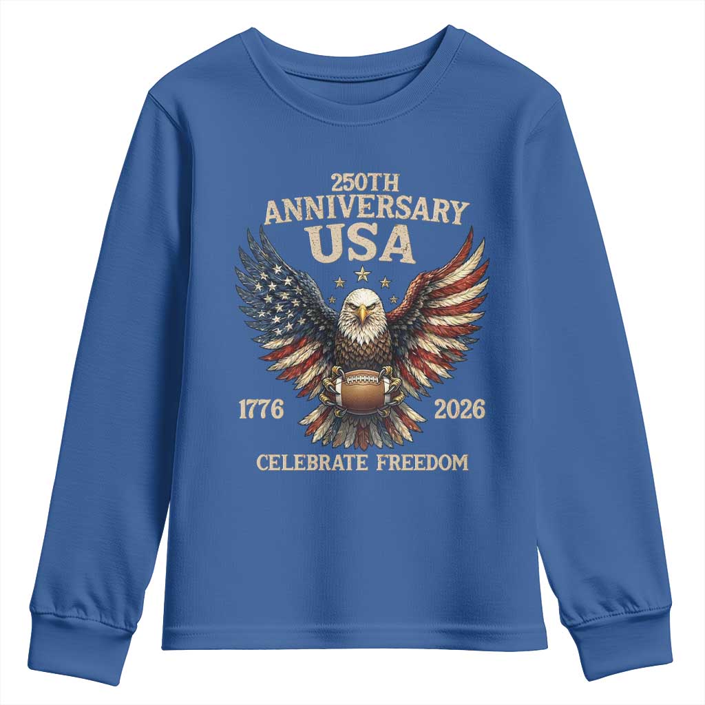 Patriotic Bald Eagle Football Youth Sweatshirt USA 250th Anniversary Gift TS12 Royal Blue Print Your Wear