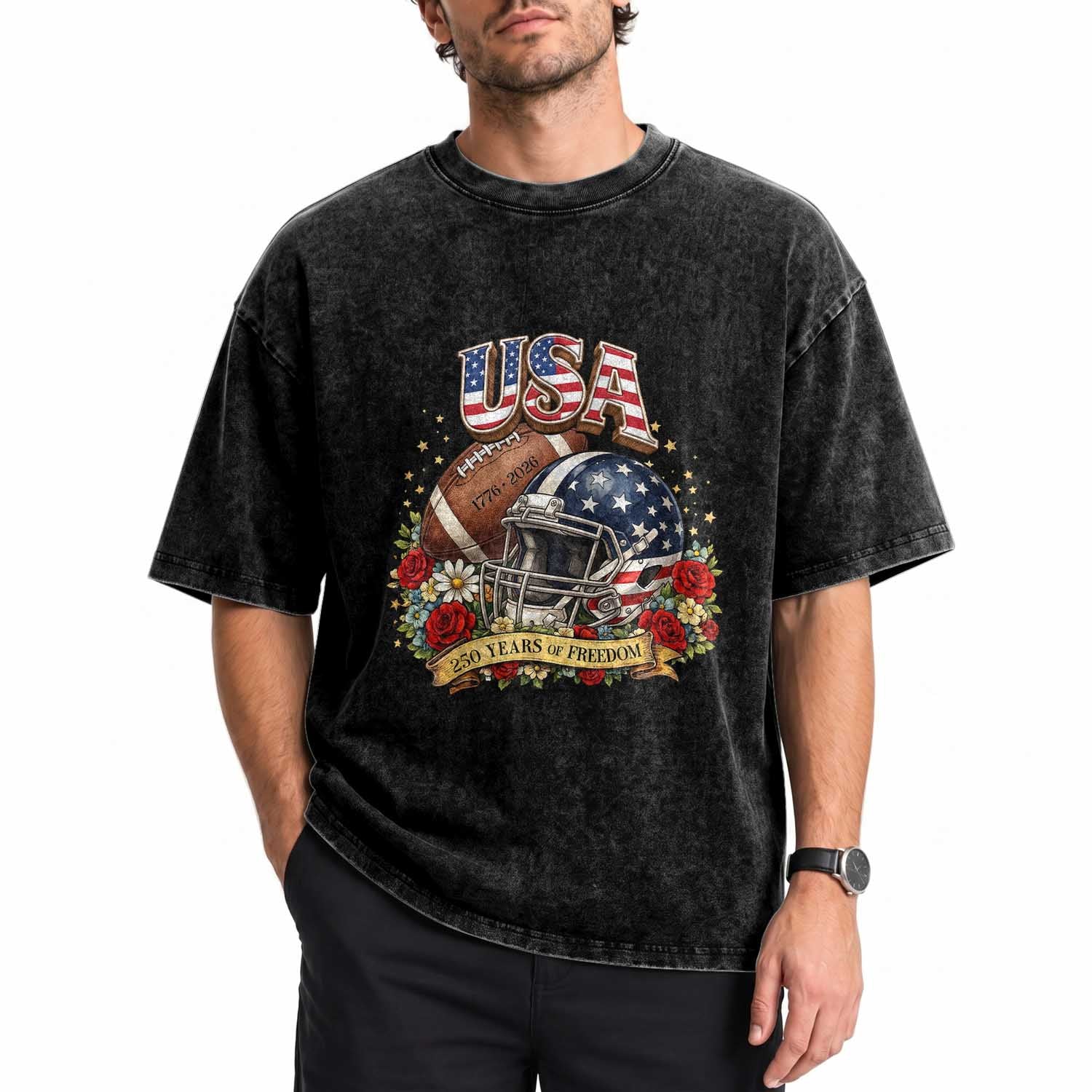 Patriotic Floral Baseball Washed Cotton T-Shirt USA 250th Anniversary Gift