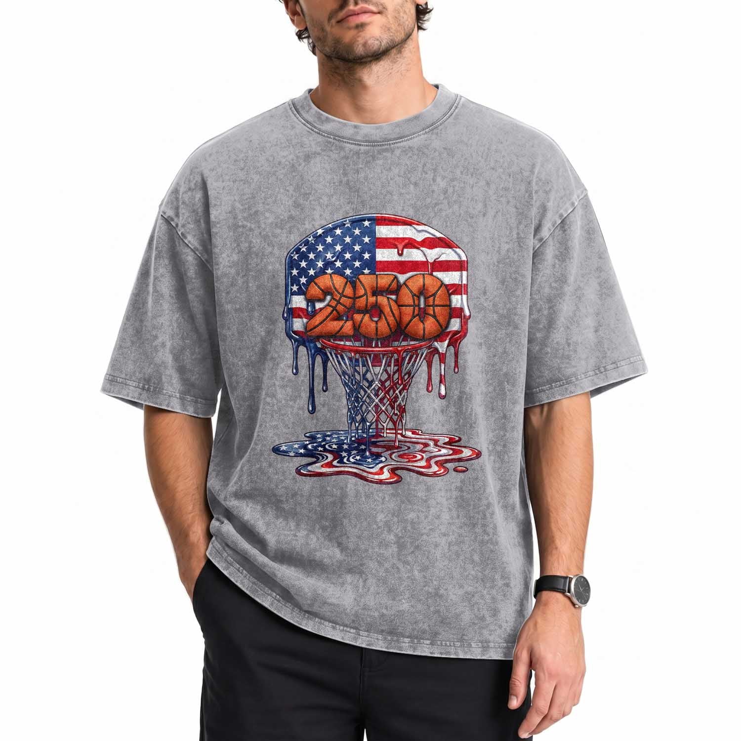 Patriotic Basketball Drip Washed Cotton T-Shirt USA 250th Anniversary Gift