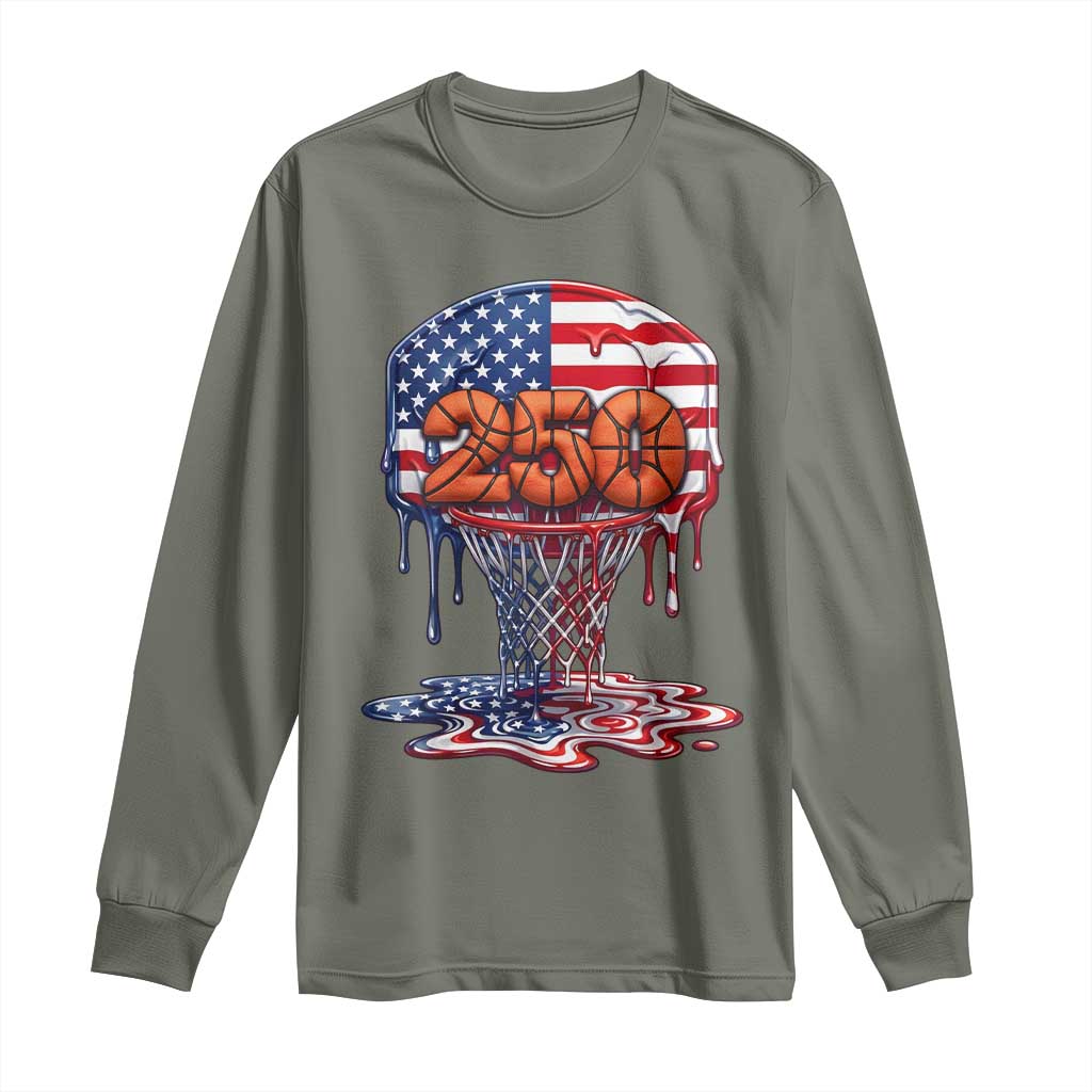 Patriotic Basketball Drip Long Sleeve Shirt USA 250th Anniversary Gift TS12 Military Green Print Your Wear