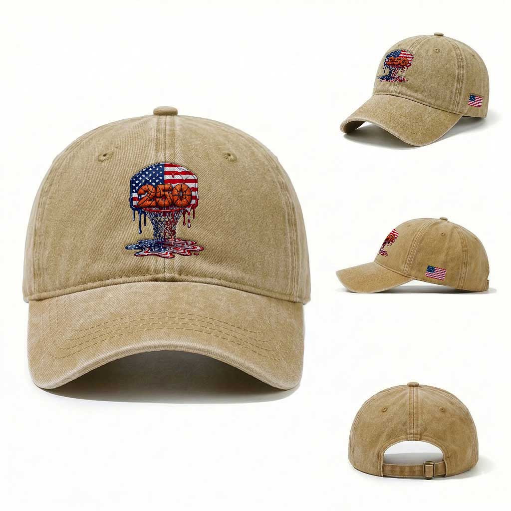 Patriotic Basketball Drip Washed Cotton Baseball Cap USA 250th Anniversary Gift TS12 Washed Cap Universal Fit Khaki Print Your Wear