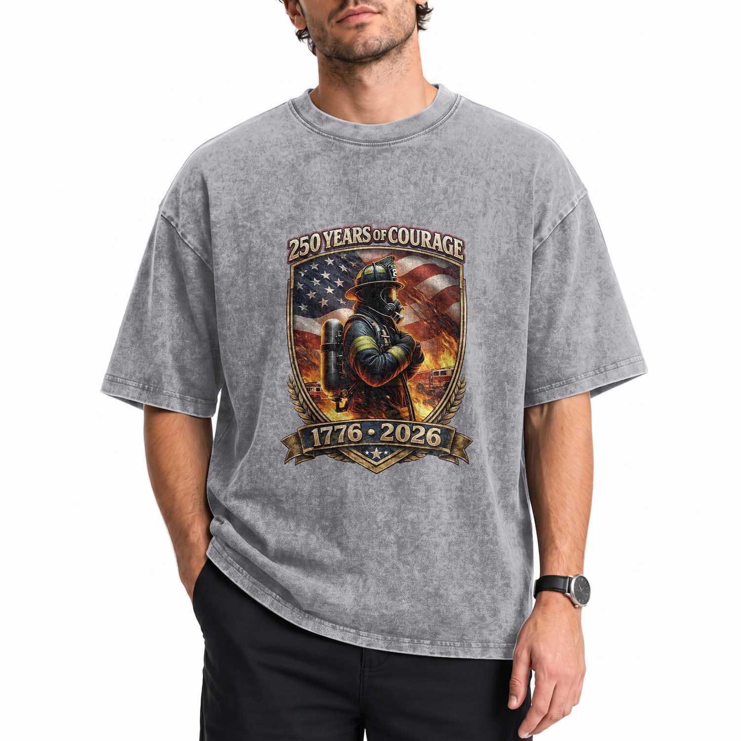 Firefighter USA 250th Anniversary Gift Washed Cotton T-Shirt 250 Years Of Courage