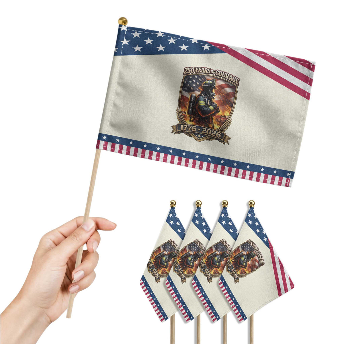 Firefighter USA 250th Anniversary Gift Patriotic Handheld Flag 250 Years Of Courage TS12 Print Your Wear