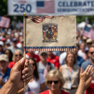 Firefighter USA 250th Anniversary Gift Patriotic Handheld Flag 250 Years Of Courage TS12 Vintage 8.2" × 5.5" Rustic Tan Navy Print Your Wear
