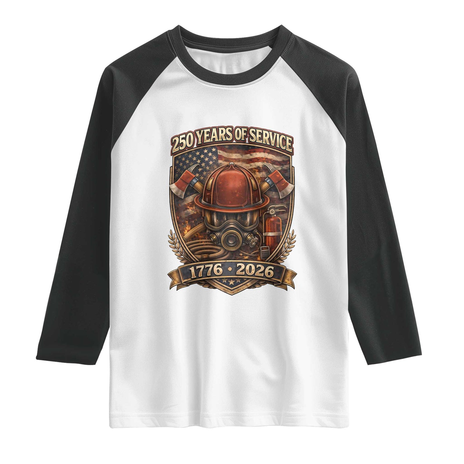 Patriotic Firefighter 250 Years Of Service USA Anniversary Gift Raglan Shirt TS12 White Black Print Your Wear