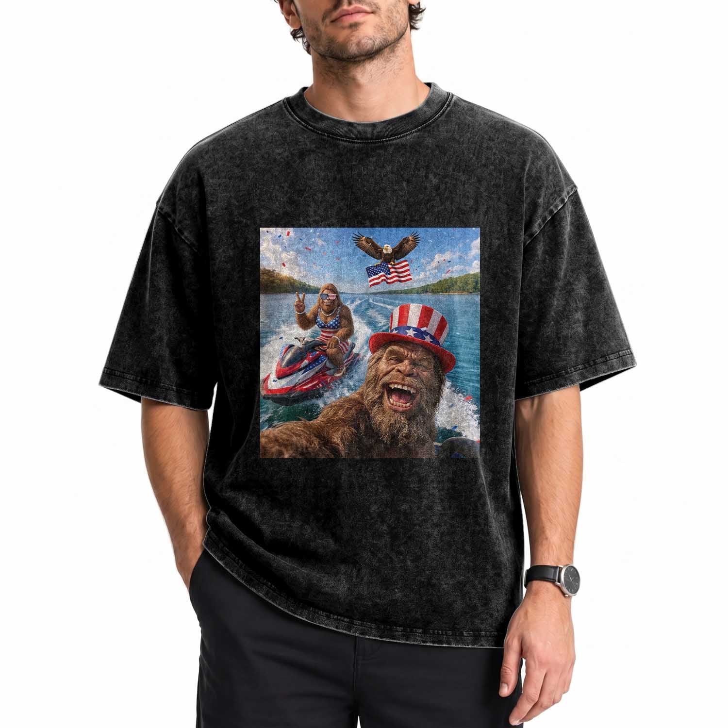 Patriotic Bigfoot Squad Chill Summer Vacation Graphic Washed Cotton T-Shirt