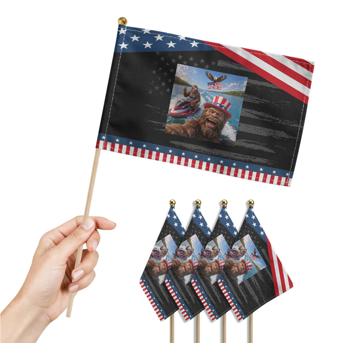 Funny Bigfoot Squad Chill Summer Vacation Graphic Patriotic Handheld Flag TS12 Print Your Wear
