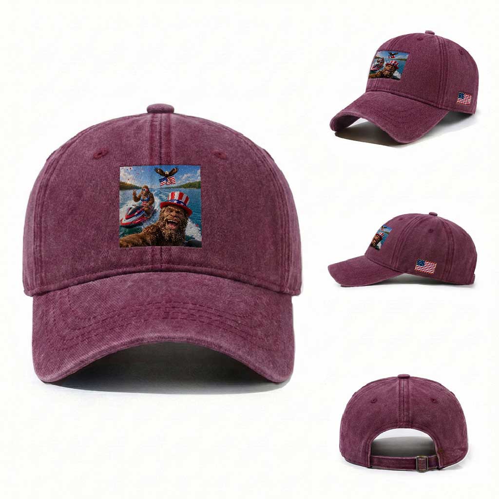 Patriotic Bigfoot Squad Chill Summer Vacation Graphic Washed Cotton Baseball Cap TS12 Washed Cap Universal Fit Burgundy Print Your Wear