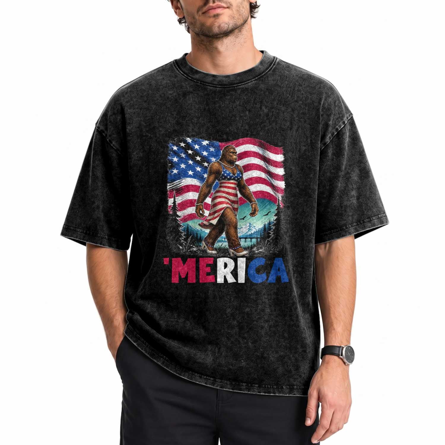 Funny Patriotic Sexy Bigfoot Washed Cotton T-Shirt Merica USA 250th Anniversary