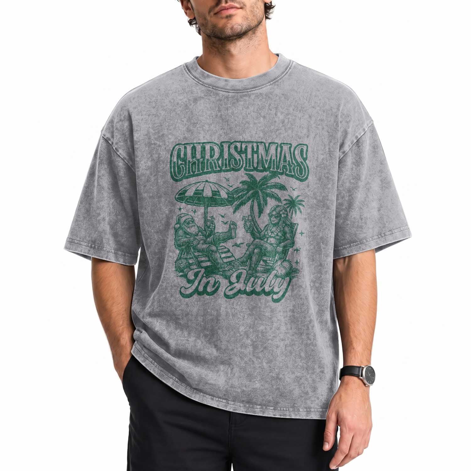 Vintage Summer Christmas Bigfoot Couple Washed Cotton T-Shirt Tropical Xmas Graphic