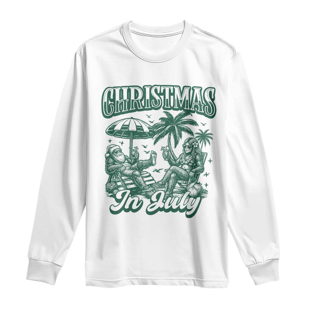 Vintage Summer Christmas Bigfoot Couple Long Sleeve Shirt Tropical Xmas Graphic TS12 White Print Your Wear
