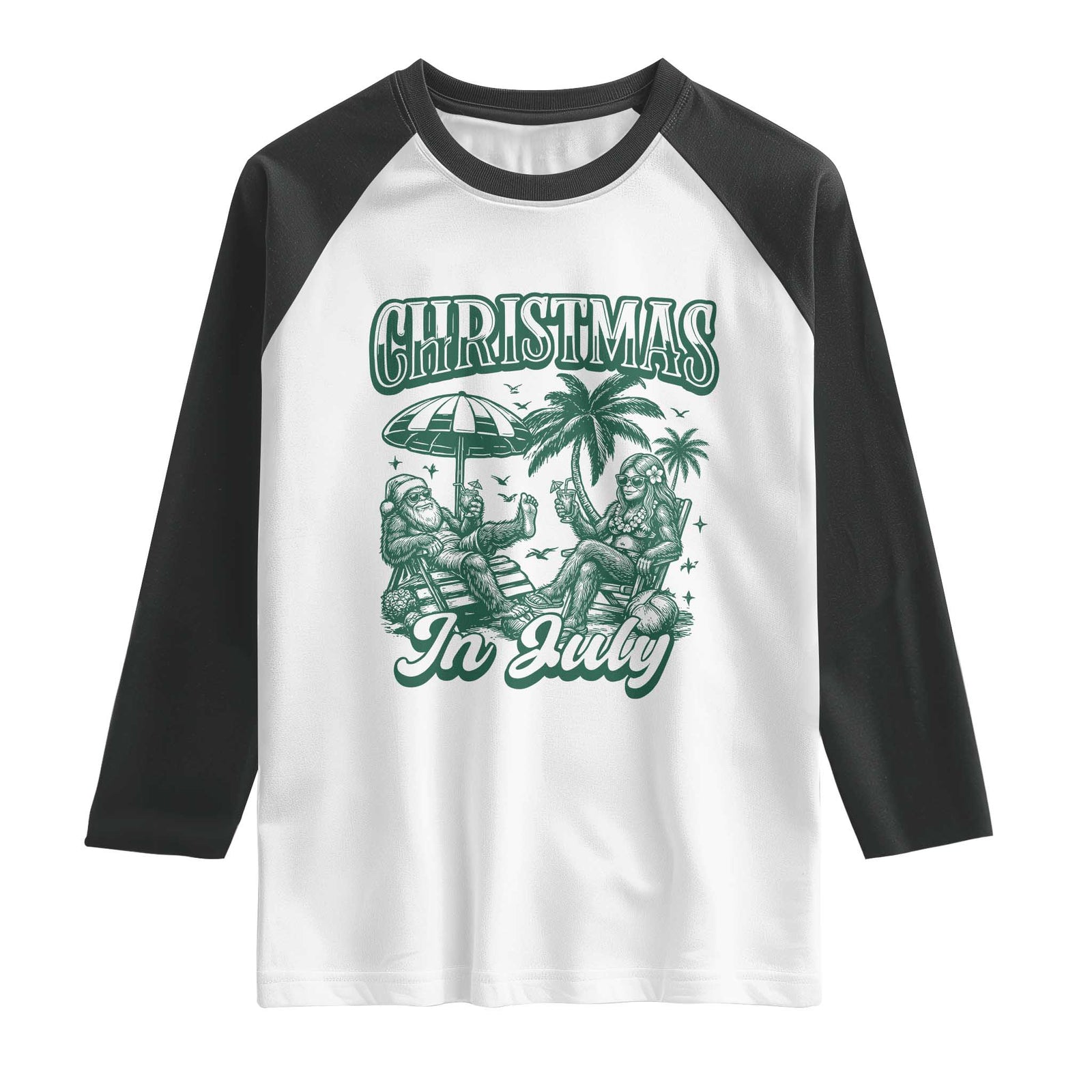 Vintage Summer Christmas Bigfoot Couple Raglan Shirt Tropical Xmas Graphic TS12 White Black Print Your Wear