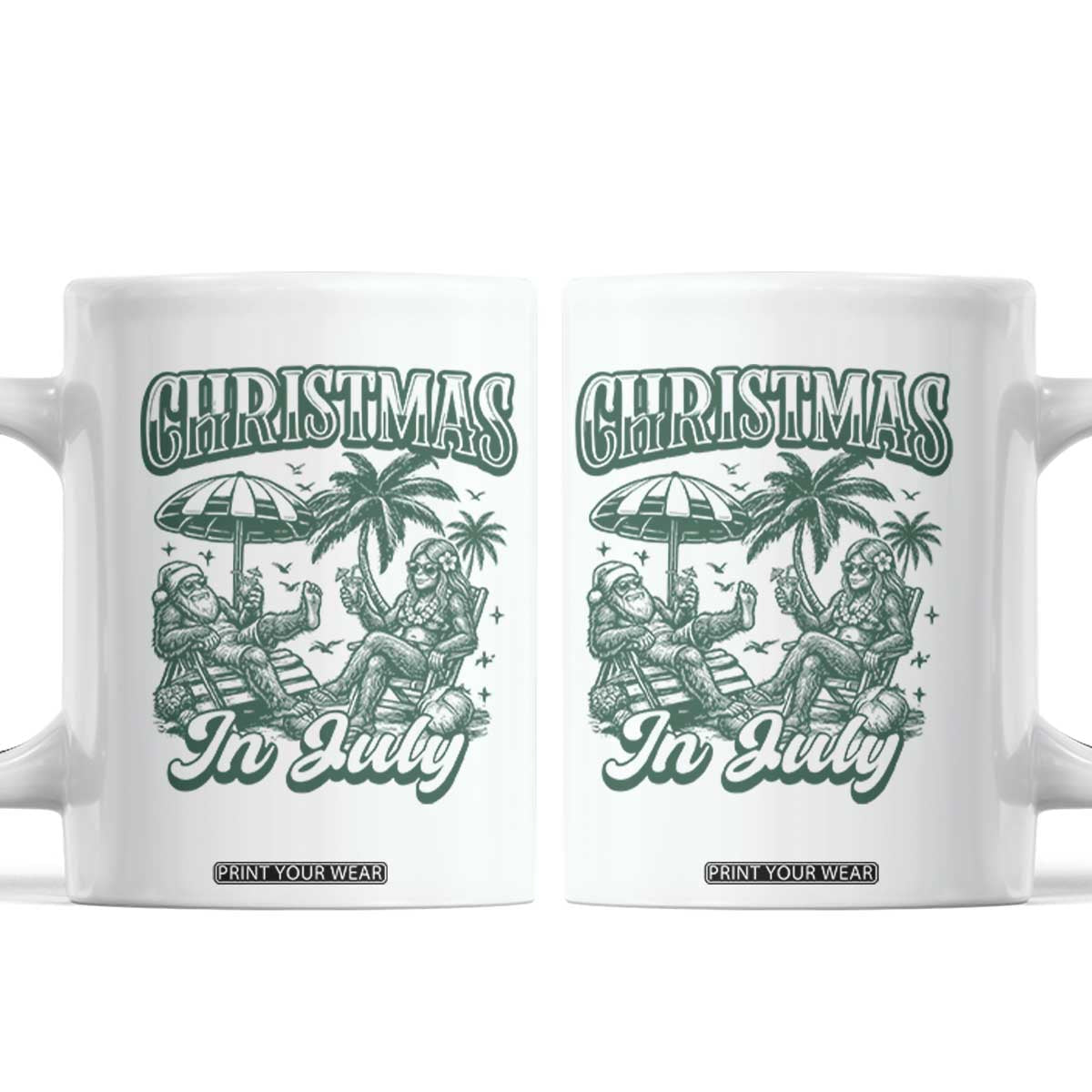 Vintage Summer Christmas Bigfoot Couple Coffee Mug Tropical Xmas Graphic TS12 White Print Your Wear