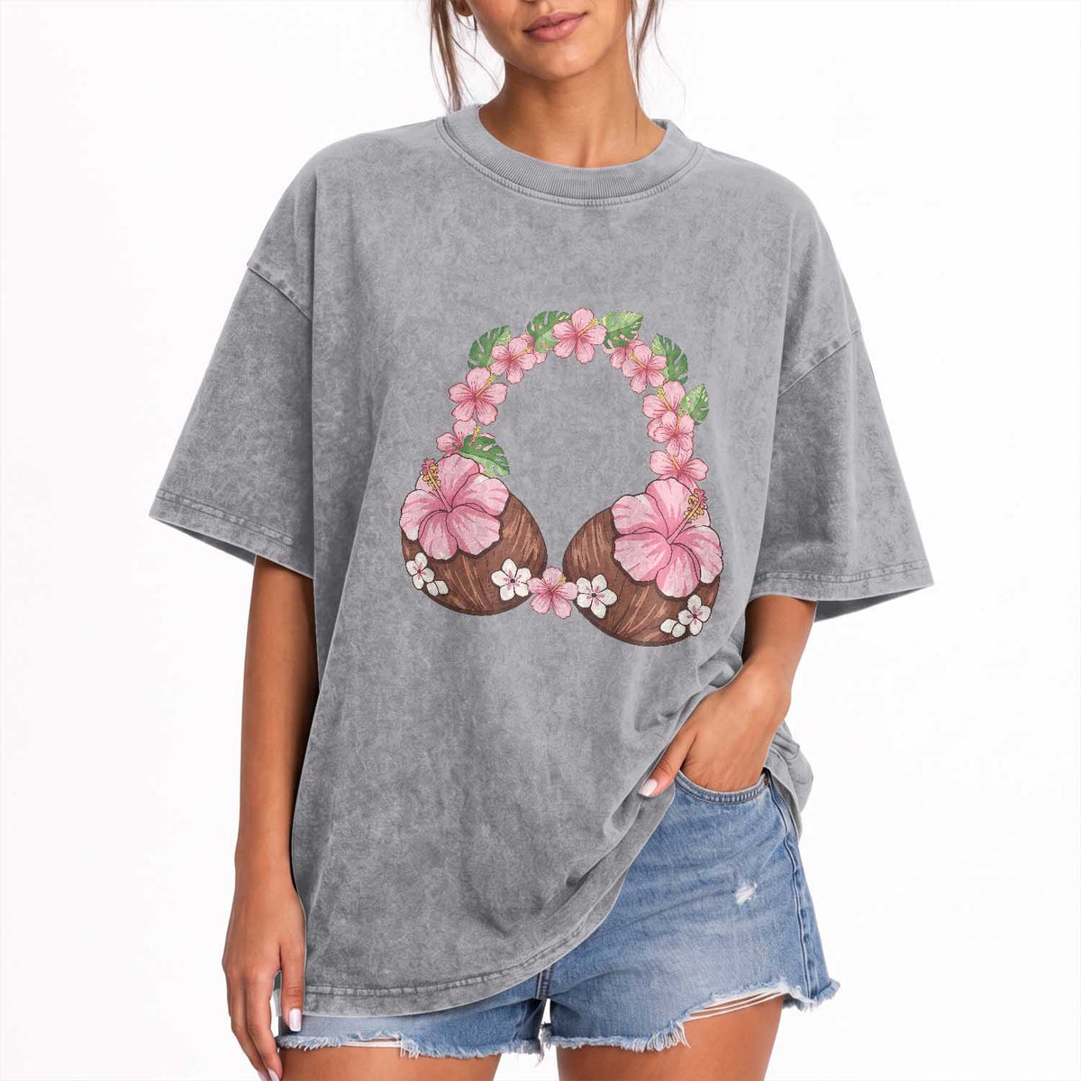 Hibiscus Flower Coconut Bra Washed Cotton T-Shirt Tropical Summer Graphic