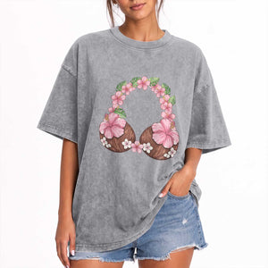 Hibiscus Flower Coconut Bra Washed Cotton T-Shirt Tropical Summer Graphic