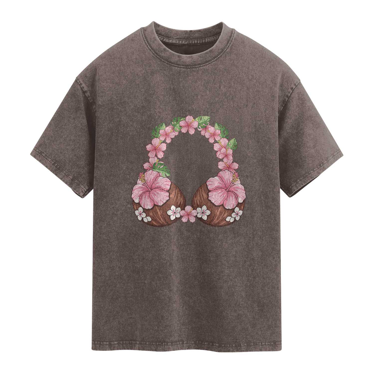 Hibiscus Flower Coconut Bra Washed Cotton T-Shirt Tropical Summer Graphic