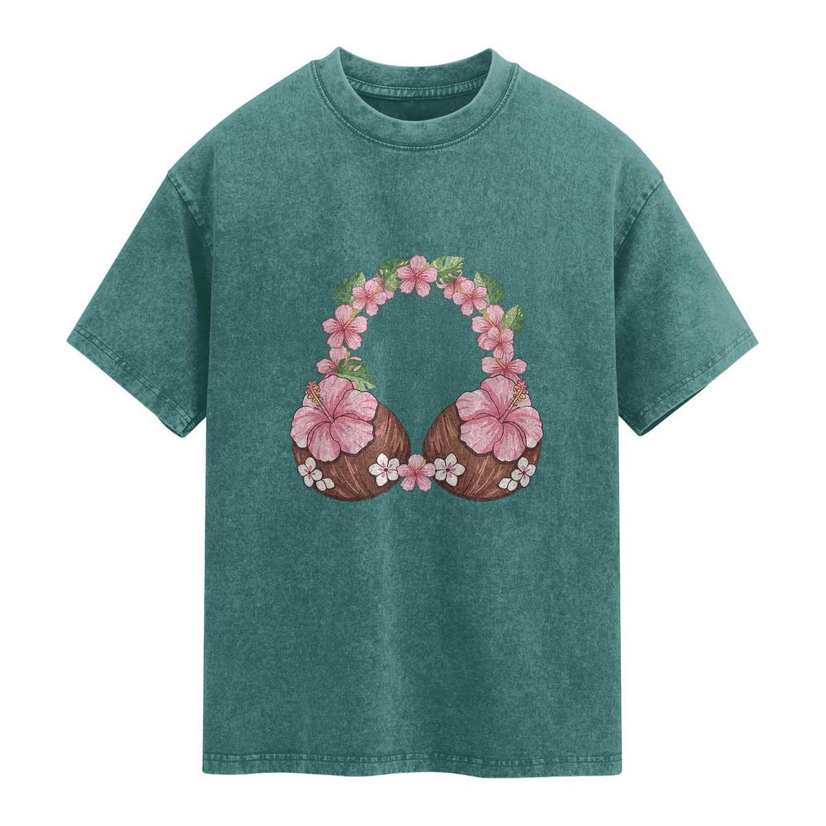 Hibiscus Flower Coconut Bra Washed Cotton T-Shirt Tropical Summer Graphic