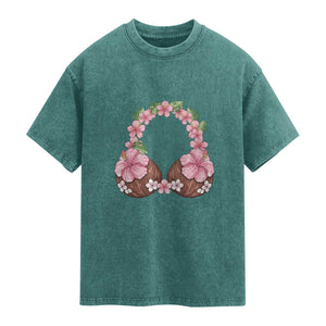 Hibiscus Flower Coconut Bra Washed Cotton T-Shirt Tropical Summer Graphic