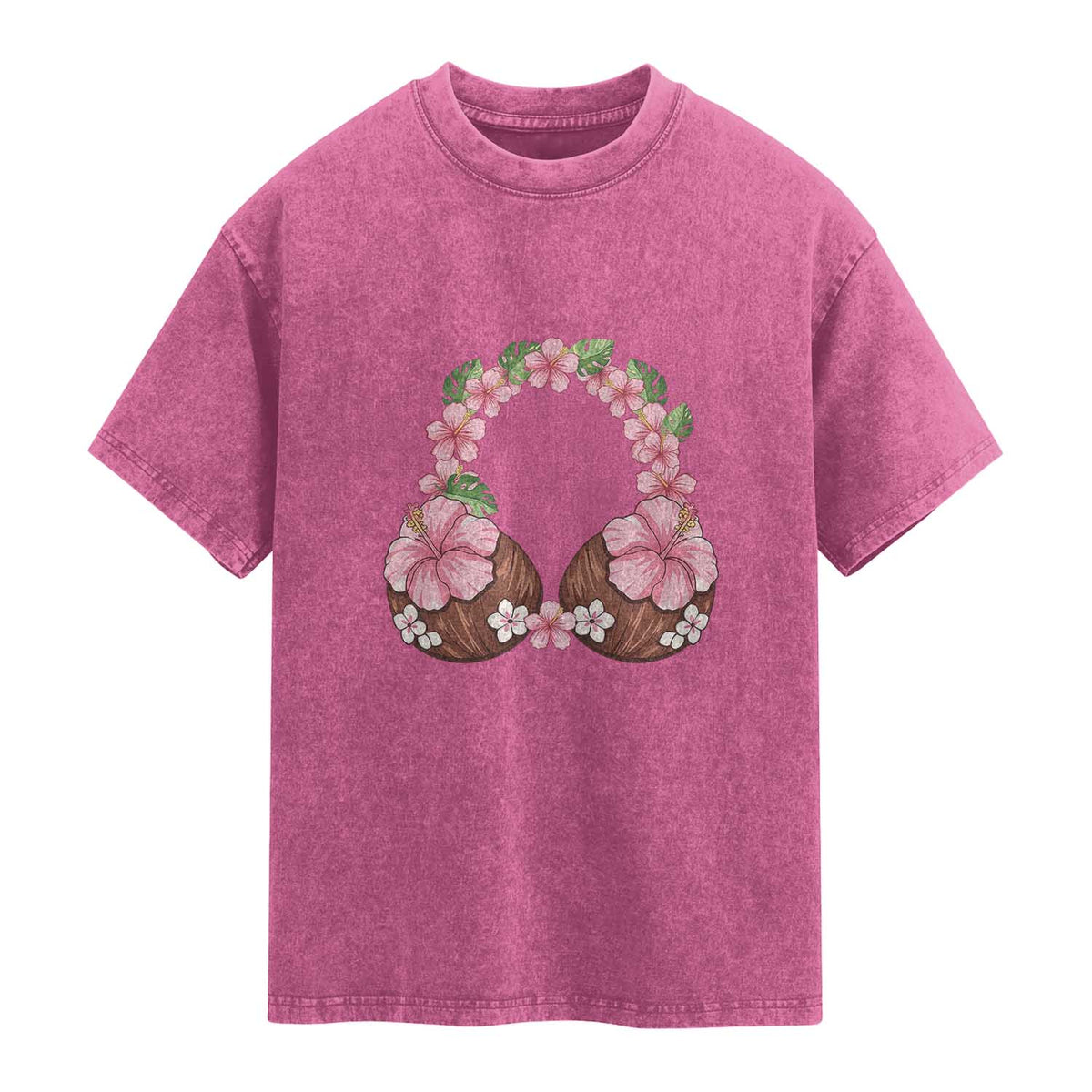 Hibiscus Flower Coconut Bra Washed Cotton T-Shirt Tropical Summer Graphic