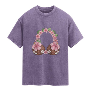 Hibiscus Flower Coconut Bra Washed Cotton T-Shirt Tropical Summer Graphic