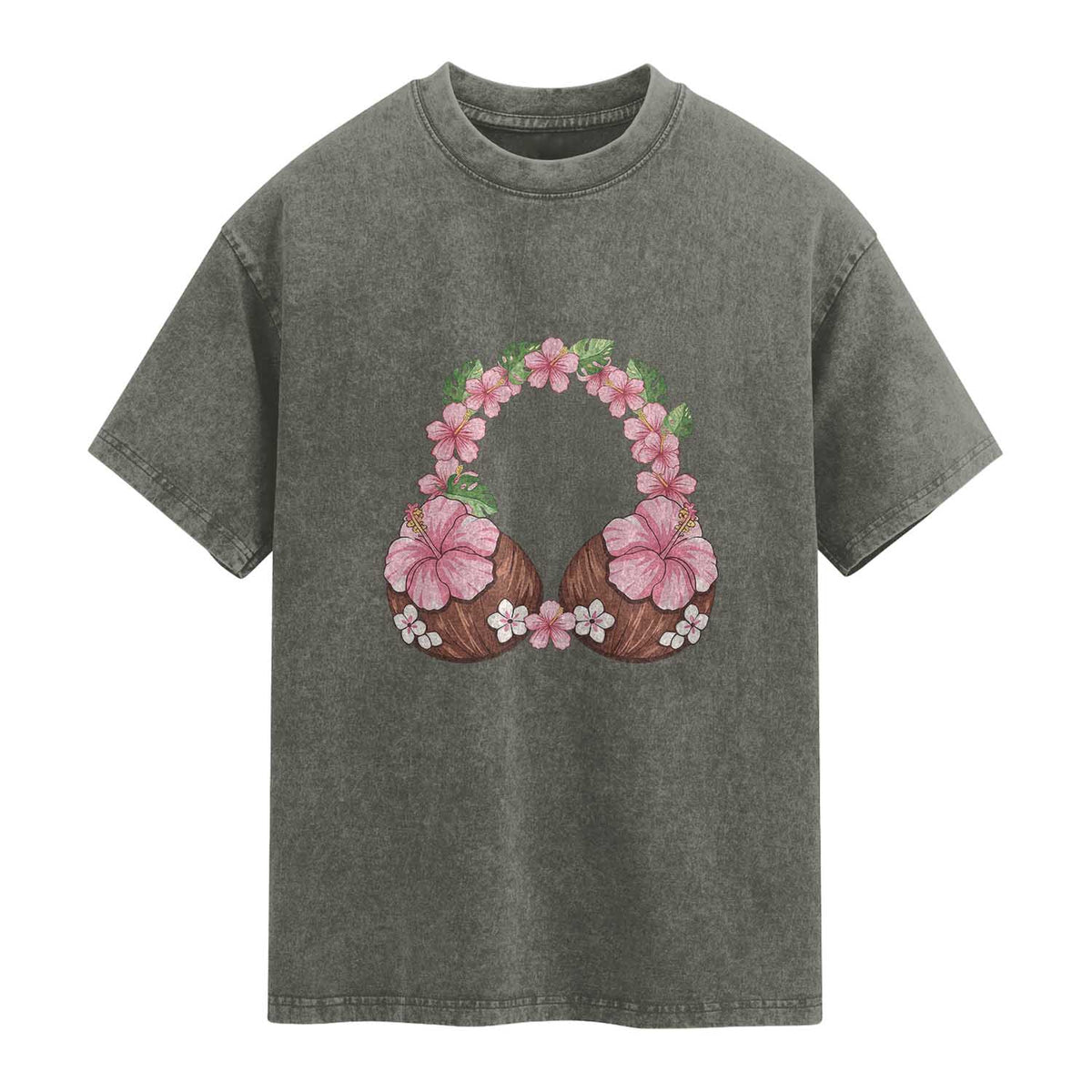 Hibiscus Flower Coconut Bra Washed Cotton T-Shirt Tropical Summer Graphic