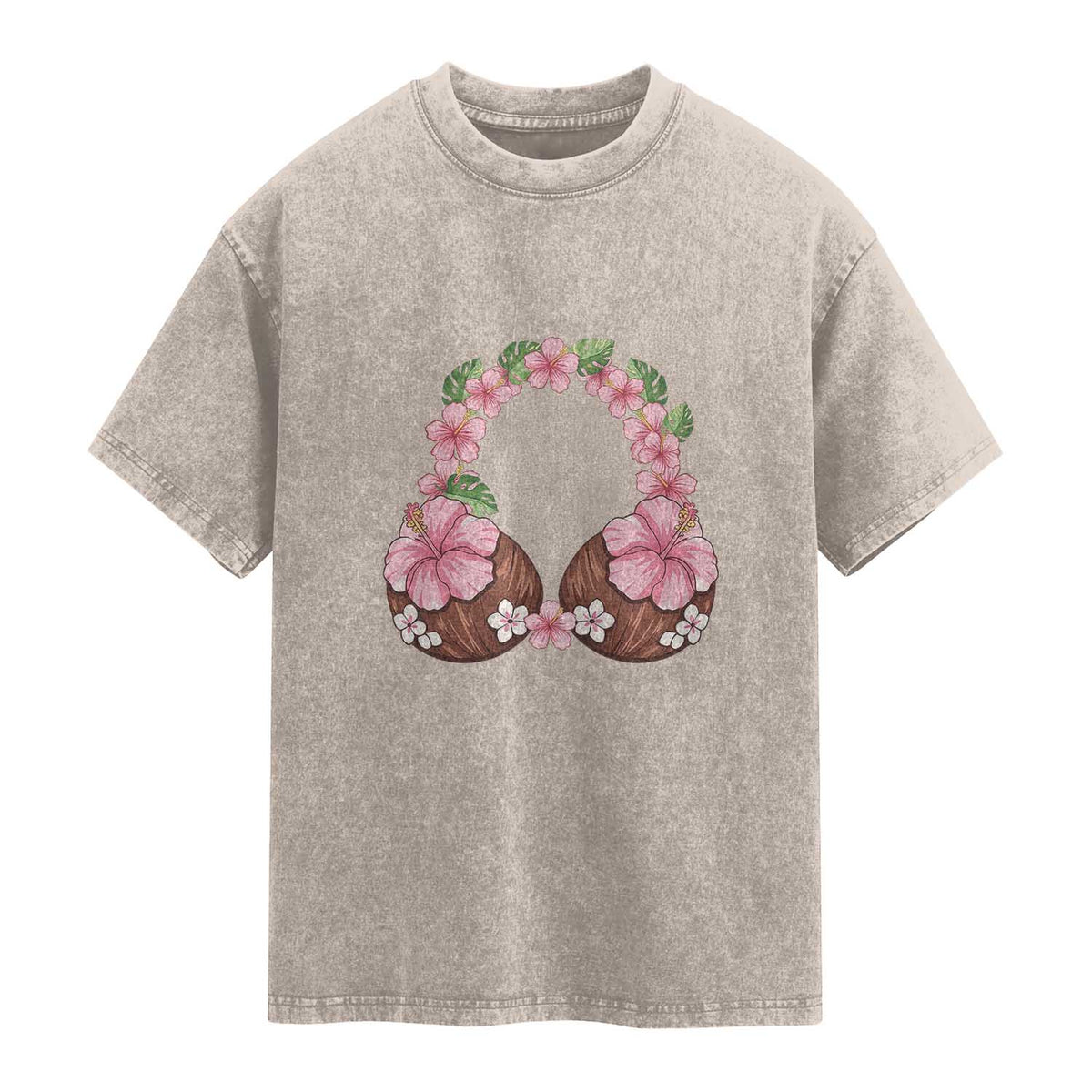 Hibiscus Flower Coconut Bra Washed Cotton T-Shirt Tropical Summer Graphic