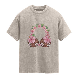 Hibiscus Flower Coconut Bra Washed Cotton T-Shirt Tropical Summer Graphic