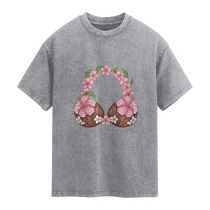 Hibiscus Flower Coconut Bra Washed Cotton T-Shirt Tropical Summer Graphic