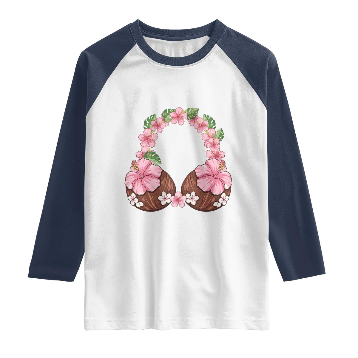 Hibiscus Flower Coconut Bra Raglan Shirt Tropical Summer Graphic TS12 White Navy Print Your Wear