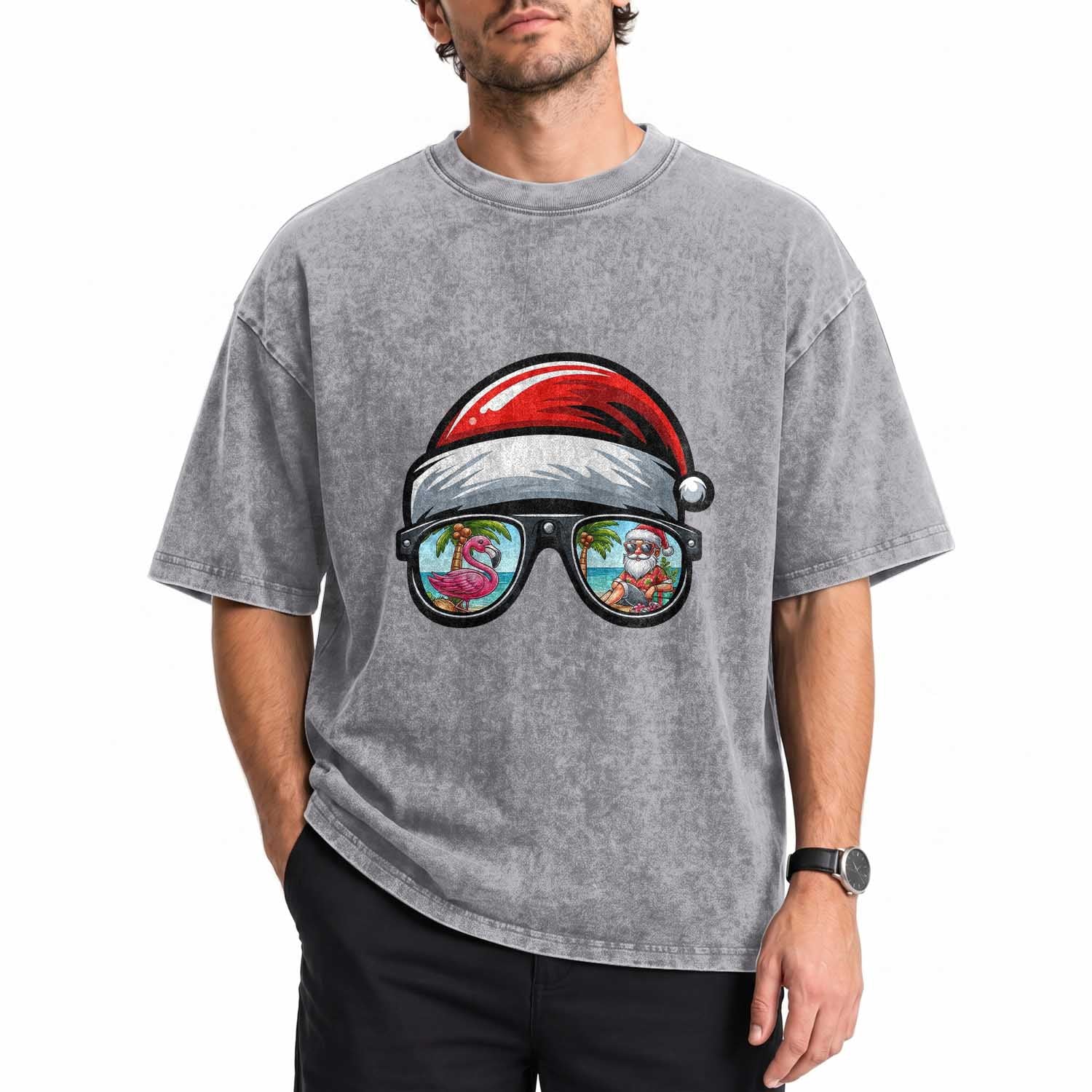 Funny Santa Sunglasses Washed Cotton T-Shirt Beach Christmas Vacation Graphic