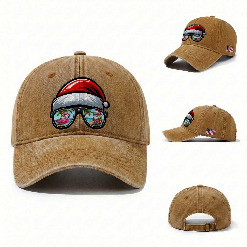 Funny Santa Sunglasses Washed Cotton Baseball Cap Beach Christmas Vacation Graphic TS12 Washed Cap Universal Fit Yellow Ochre Print Your Wear
