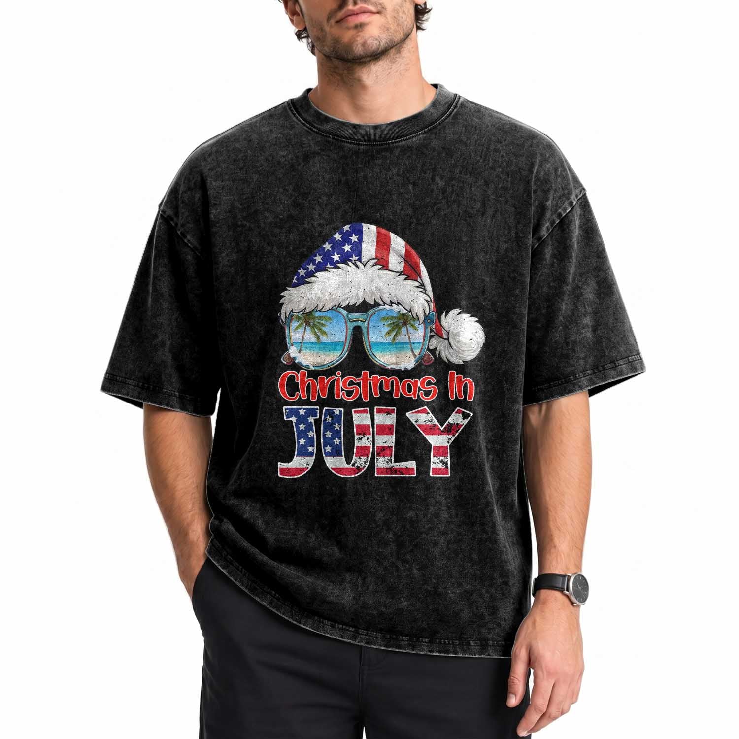 Christmas In July Washed Cotton T-Shirt Patriotic USA Sunglasses Graphic