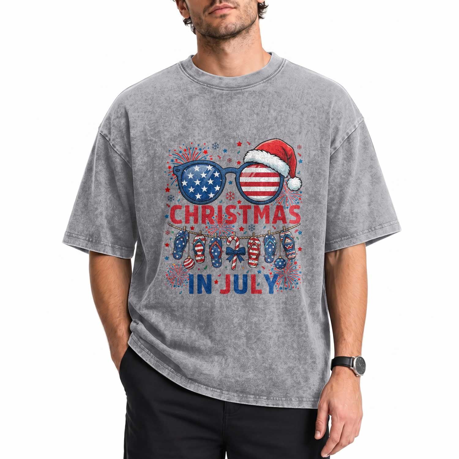 Patriotic USA Sunglasses Christmas In July Graphic Washed Cotton T-Shirt