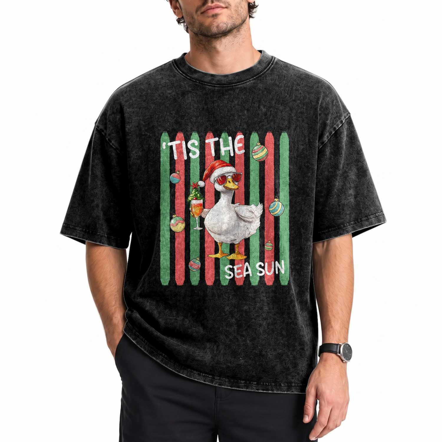 Funny Christmas In July Goose Washed Cotton T-Shirt Tis The Sea Sun