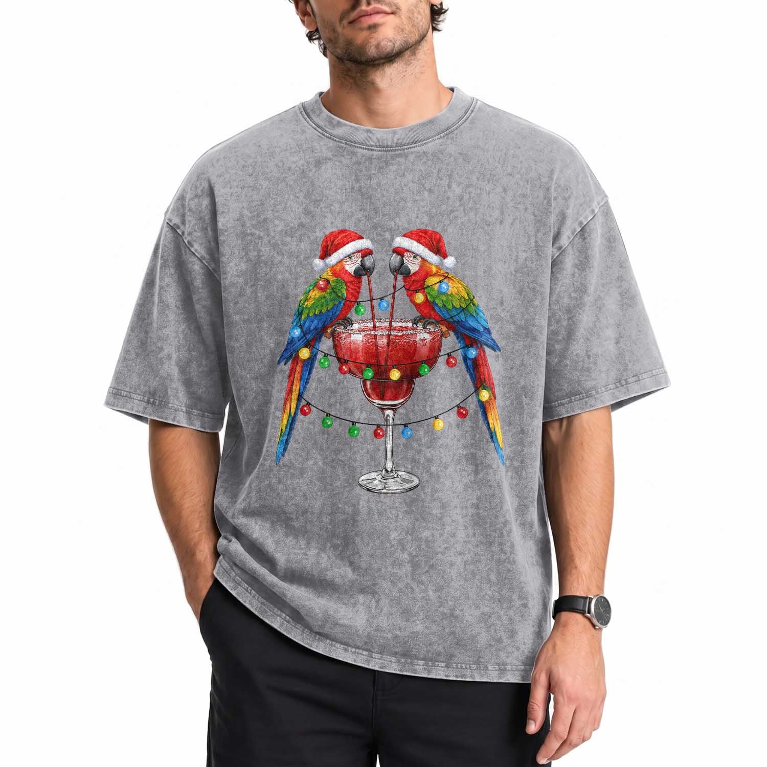 Christmas In July Parrots Washed Cotton T-Shirt Summer Beach Party Gift