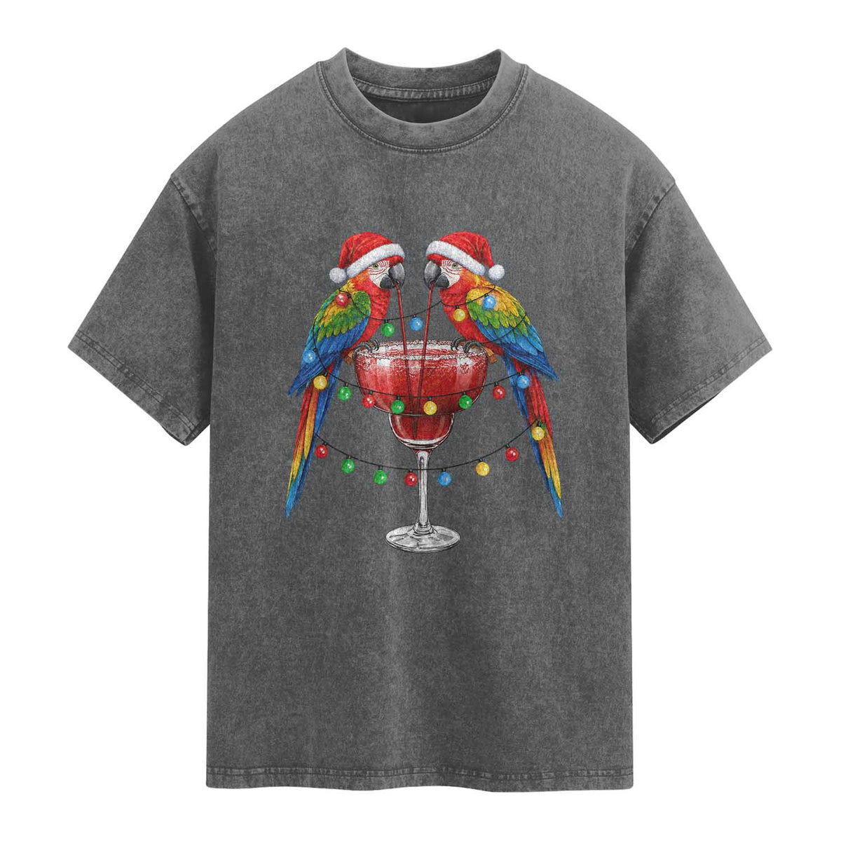 Christmas In July Parrots Washed Cotton T-Shirt Summer Beach Party Gift