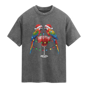 Christmas In July Parrots Washed Cotton T-Shirt Summer Beach Party Gift