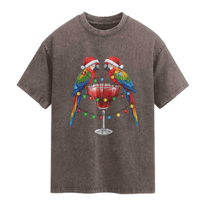 Christmas In July Parrots Washed Cotton T-Shirt Summer Beach Party Gift