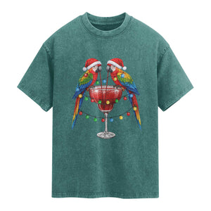 Christmas In July Parrots Washed Cotton T-Shirt Summer Beach Party Gift
