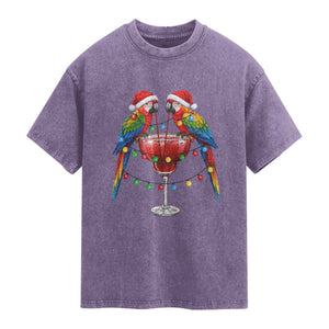 Christmas In July Parrots Washed Cotton T-Shirt Summer Beach Party Gift