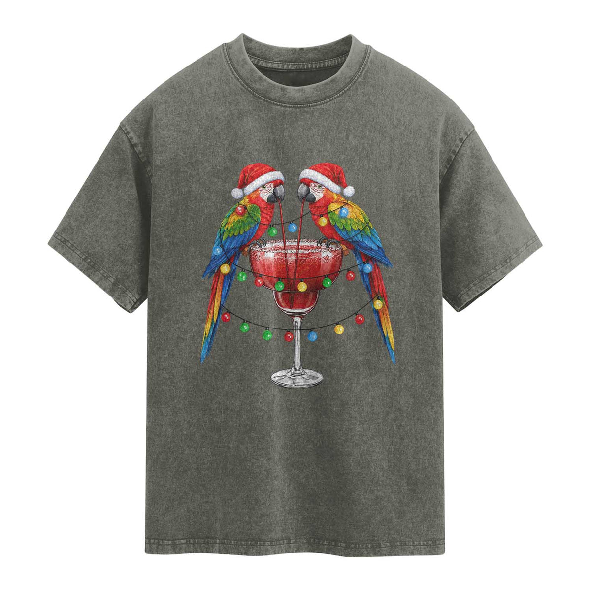 Christmas In July Parrots Washed Cotton T-Shirt Summer Beach Party Gift