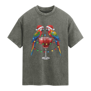 Christmas In July Parrots Washed Cotton T-Shirt Summer Beach Party Gift