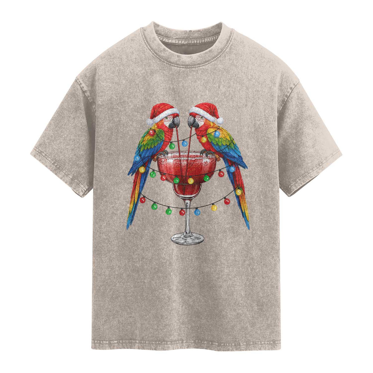 Christmas In July Parrots Washed Cotton T-Shirt Summer Beach Party Gift