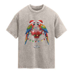 Christmas In July Parrots Washed Cotton T-Shirt Summer Beach Party Gift