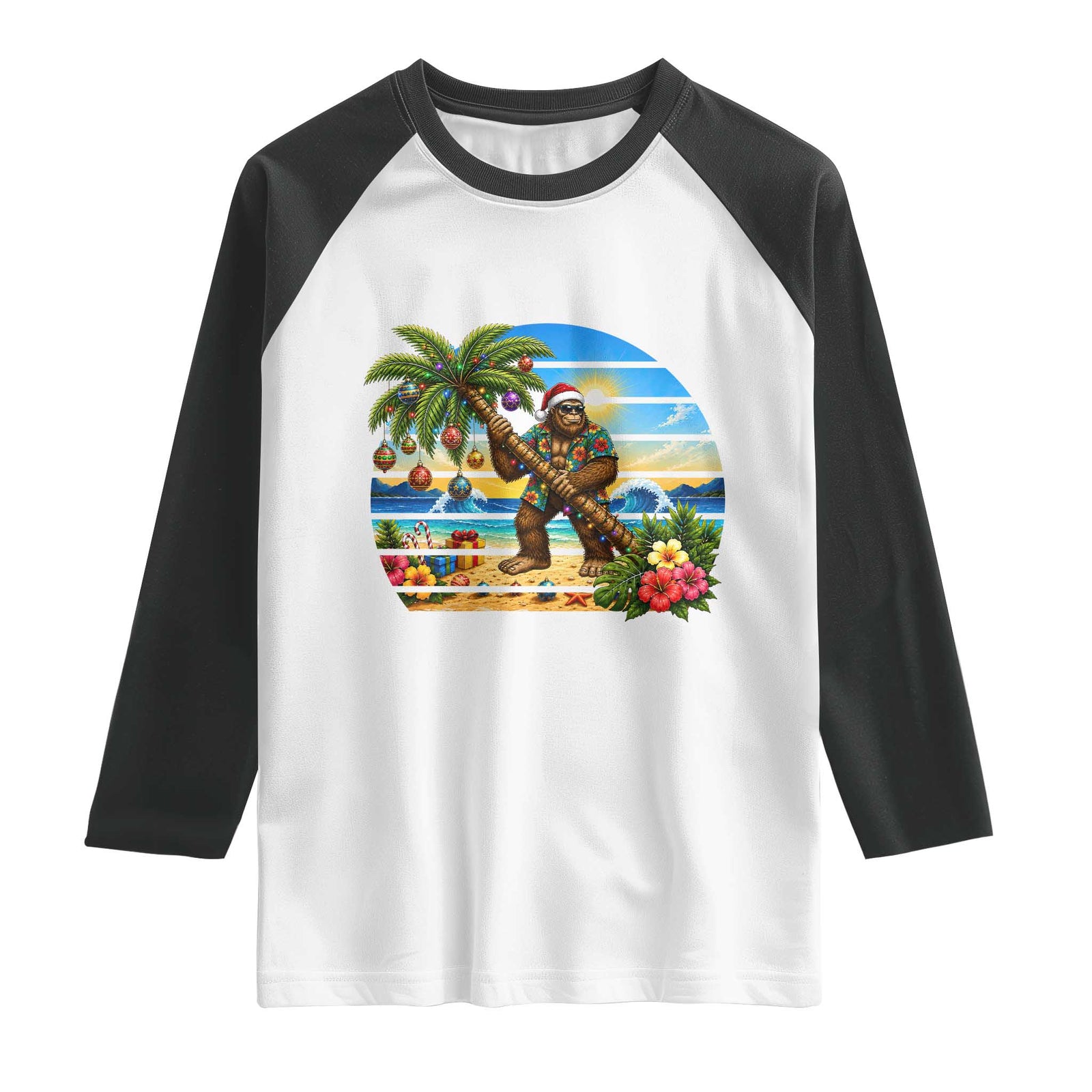 Funny Christmas In July Bigfoot Raglan Shirt Tropical Vacation Graphic TS12 White Black Print Your Wear