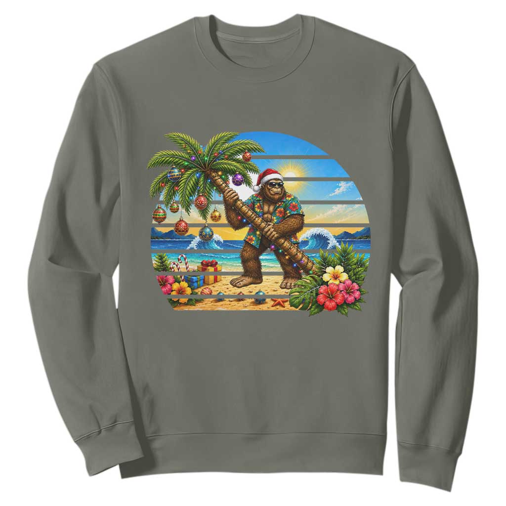 Funny Christmas In July Bigfoot Sweatshirt Tropical Vacation Graphic TS12 Military Green Print Your Wear