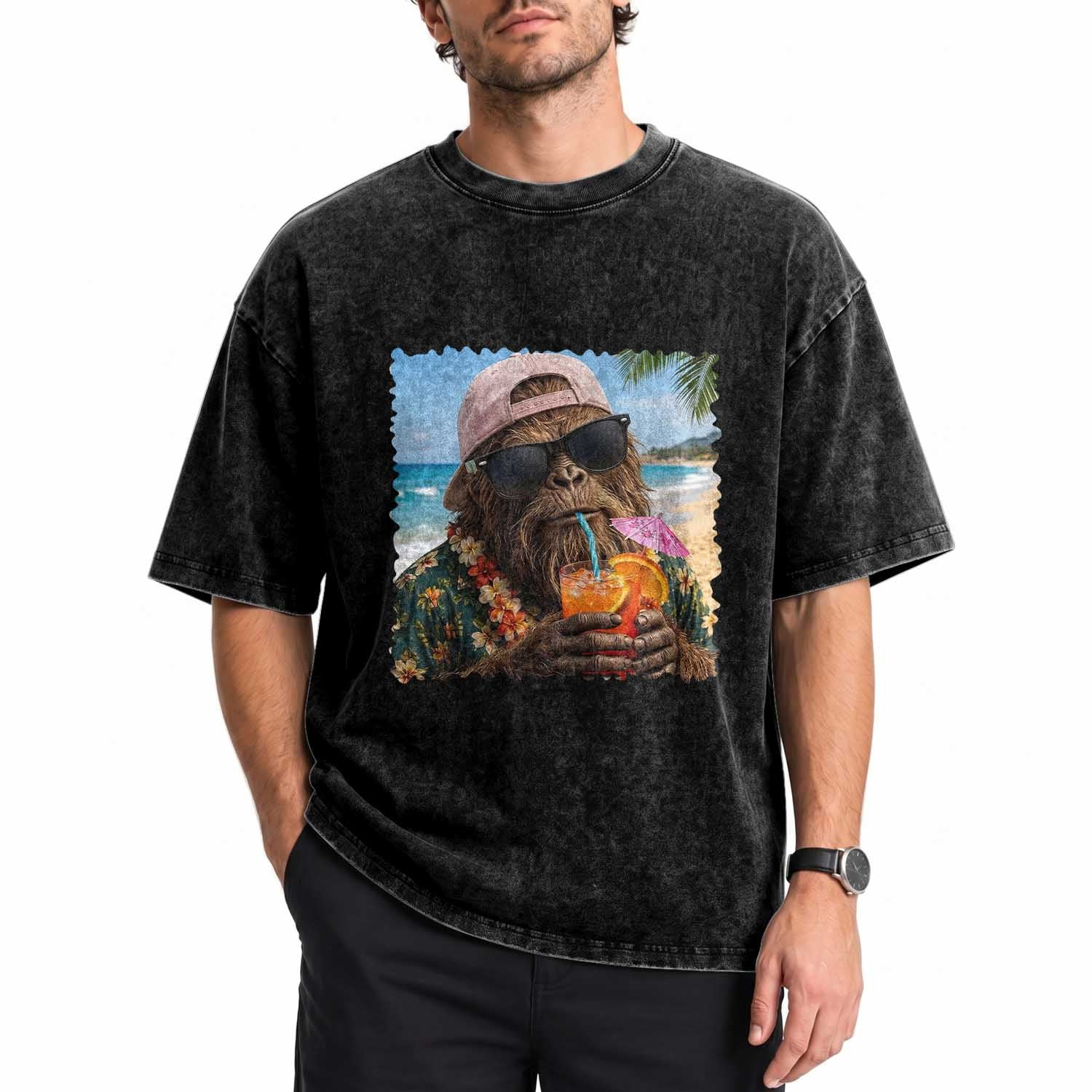 Funny Hawaiian Bigfoot Washed Cotton T-Shirt Tropical Beach Party Graphic